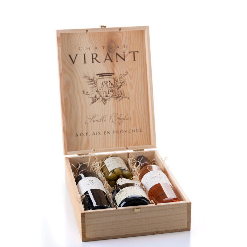 Coffret 2 Bouteilles de vin, 50 cl d'huile d'olive, 250 g d'olives